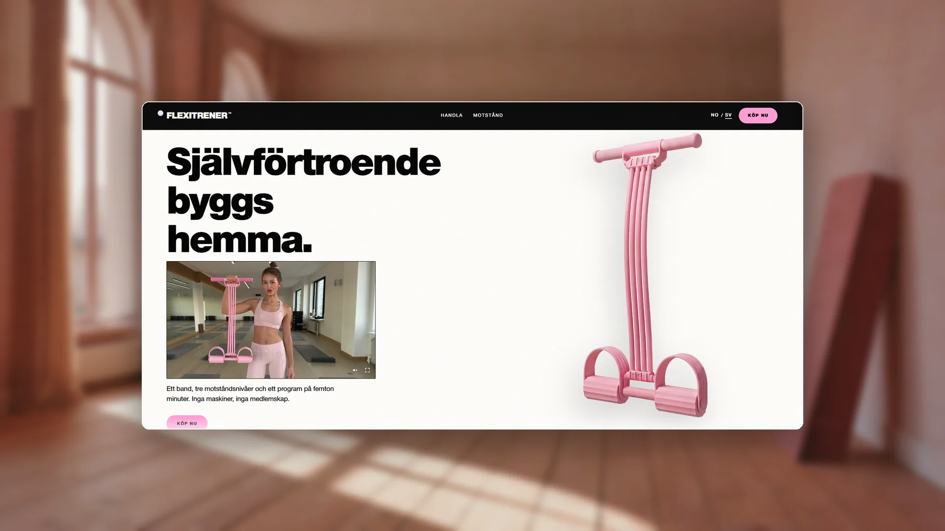 Flexitrener — startsidan visad i en mockup